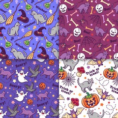 hand drawn halloween pattern collection purple violet colored shades vector design illustration