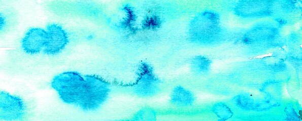 Blue turquoise watercolor backgraund. Hand painted light watercolor illustration, paper texture