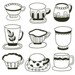Set of cups with tea or coffee. Collection of  mugs filling by beverages. Cute crockery for drink. Cups of doodles set