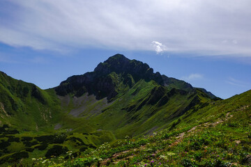 amazing green rocky mountain landscape in austria with soft clouds