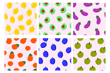 Collection of seamless pattern designs with of fruits an vegetables. Vector illustration