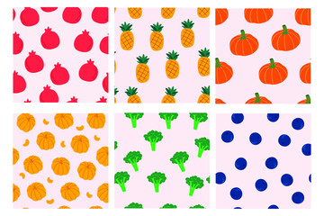 Set of seamless pattern designs with of fruits an vegetables. Vector illustration. Design for cover, fabric, textile, interior decor