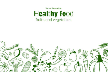 Background with organic food. Vector illustration. Organic food poster. Line graphics