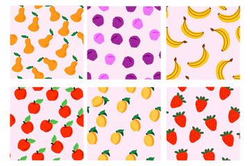 Set of vector seamless patterns with fruits. Hand drawn textures.  Design for paper, cover, fabric, textile, interior decor