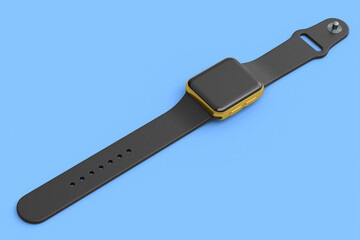 Stainless gold smart watch or fitness tracker isolated on blue background.