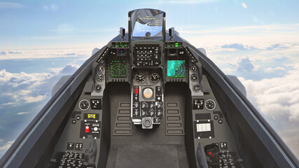 Cockpit of fighter jet plane in flight, military aircraft, army airplane flying in sky with clouds, 3D rendering