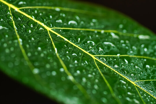 Rain drops closeup. Garden plant leaf after the rain. Morning dew on leaf. Hydration and fresh look concept image.