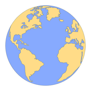 Vector illustration of Planet Earth. Outlined, minimalist sketch of globe with continents America, Africa, Europe and Atlantic Ocean. Isolated flat design in yellow and blue against white background.