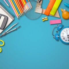A picture of stationery set on the desk. Back to school