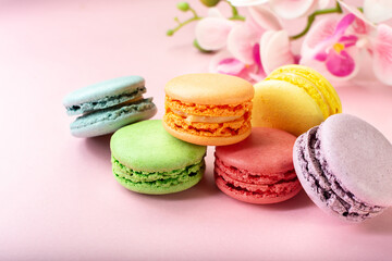 French macaroni. the most delicate cake is a cookie made of two smooth halves, fastened with stringy fillings.French pastry made from egg whites. French macaroni in different colors.