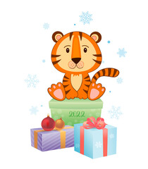 Vector illustration tiger sitting on gift boxes with christmas toys