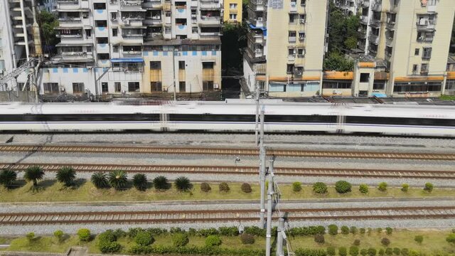 Nanning South, Guilin Station. View of passing trains from the Guilin railway station, high-speed train movement. Chinese Railways.
