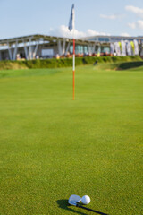 Obraz premium Golf ball and putter on the green grass next to the hole.