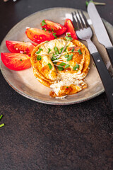 omelet vegetables fried eggs fresh breakfast salad tomato, cucumber fresh portion ready to eat meal snack on the table copy space food background veggie 