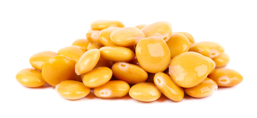 Pickled yellow lupine beans isolated on white background. Tournus, preserved lupinus.