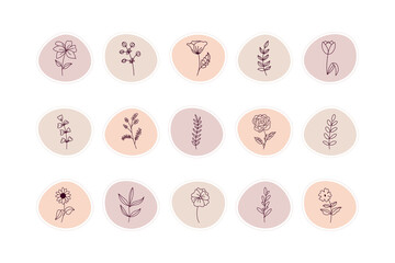 Hand drawn floral story highlight cover set for social media. Vector botanical highlight story cover icons.
