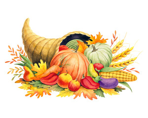 Cornucopia with vegetables and fruits. Autumn harvest. Pumpkins, carrot, watermelon, pepper, apple, pear, eggplant, corn, rye. Fall leaves. Maple leaves. Watercolor illustration isolated on white.  - obrazy, fototapety, plakaty