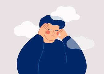 A sad young man has a clouded mind on blue background. A depressed teenager boy suffers from temporary memory loss and confusion. Vector illustration - obrazy, fototapety, plakaty