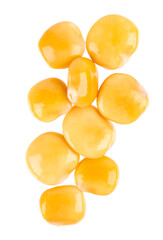 Pickled yellow lupine beans isolated on white background. Tournus, preserved lupinus. Top view.