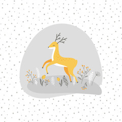 Vector winter composition with deer, branches and snow