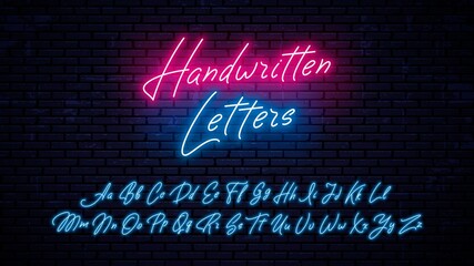 Bright neon letters of red and blue color isolated on brick wall background. Vector neon font. © Onabi