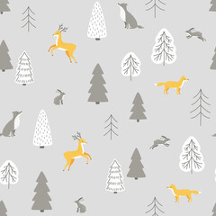 Vector winter seamless pattern with animals (deer, wolf, fox, hare) and trees (spruce, pine)