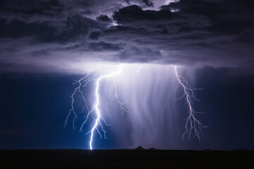 Naklejka na ściany i meble A bolt of lightning strikes in a storm. Thunderstorm in the night sky