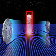Bitcoin money in an abstract retro space setting. 3D rendered image.