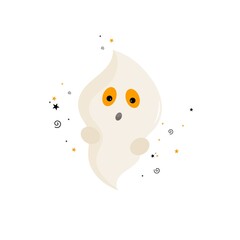 A flying ghost with emotions. The Halloween holiday. In a cartoon style. On a white isolated background