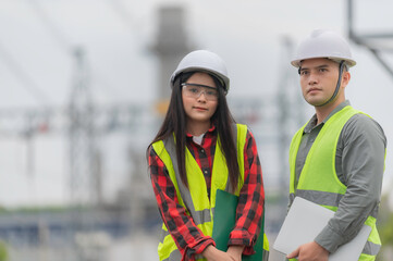 Two engineer working at power plant,Work together happily,Help each other analyze the problem,Consult about development guidelines