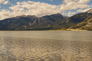 Jasper Lake with Rocky Mountains in the Background