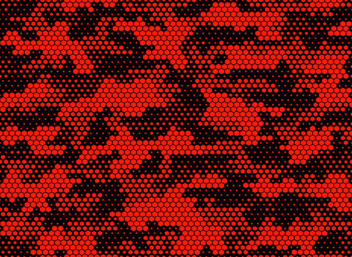 Red camouflage digital vector texture, trendy seamless hexagonal camouflage pattern.