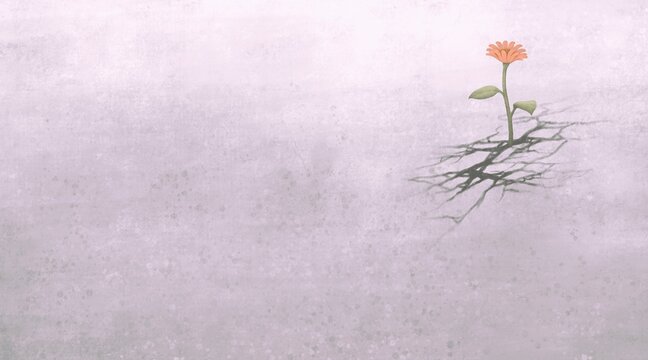 Lonely flower, hope freedom alone and loneliness concept, 3d illustration, graphic design, minimal