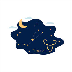 Astrological zodiac signs. Taurus horoscope, zodiac,  symbols. Constellations on blue. Banner, poster, background, flyer, icon. Flat vector illustration, isolated objects