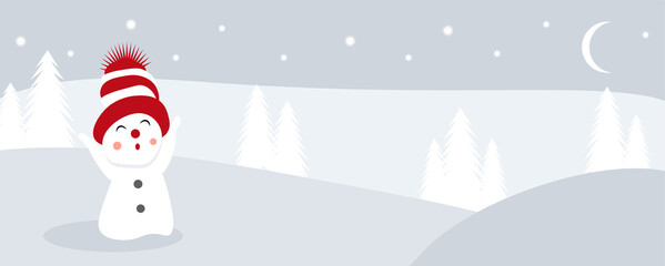 Happy snowman standing in winter christmas landscape. Merry christmas and happy new year greeting card. Funny snowman in hat on snowy background. Copy space for text. Vector illustration. Banner