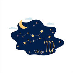 Astrological zodiac signs. Virgo horoscope, zodiac,  symbols. Constellations on blue. Banner, poster, background, flyer, icon. Flat vector illustration, isolated objects