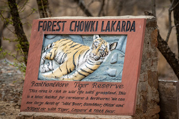 sign board of forest chowki lakarda at ranthambore national park or tiger reserve