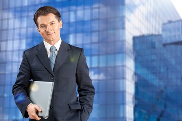 Fototapeta premium Photo of smart cool happy man hold laptop computer