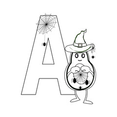 Coloring alphabet alphabet for kids letter AAlphabet, letter A. In the style of halloween and cartoon. Word on A Avacado with cobweb, spider. Learn the alphabet, English. Textbooks, school, banner, po