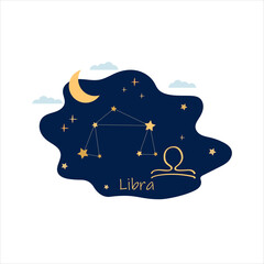 Astrological zodiac signs. Libra horoscope, zodiac, symbols. Constellations on blue. Banner, poster, background, flyer, icon. Flat vector illustration, isolated objects