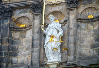 Detail of the Older Town Hall with Lady Justice, Delft, South Holland Province, The Netherlands