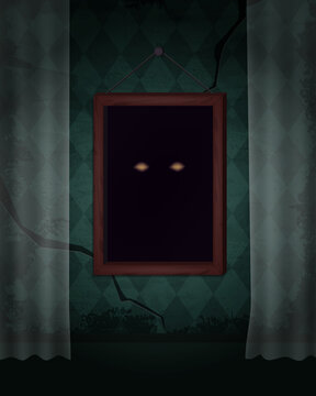 Aged old room with green grunge wallpaper and creepy shining eyes in hanging picture frame