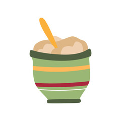 Simple cartoon flat icon with mashed potatoes in beautiful deep plate. Traditional Thanksgiving dinner dish. Element, clipart, object, item for autumn design. Cute sticker for holiday card, poster.