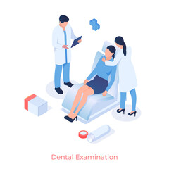 Dental examination and prophylaxis. Doctor examines patients mouth. Treatment and therapy of teeth and gums. Procedure for healthcare caries and periodontal disease. Illustration vector isometry
