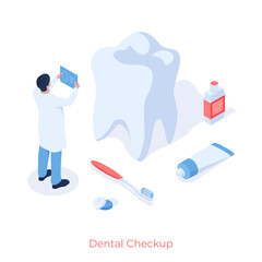 Dental checkup treatment. Dentist examines teeth. Medical therapy of mouth and gums. Procedure for healthcare caries and periodontal disease. Illustration vector isometry template