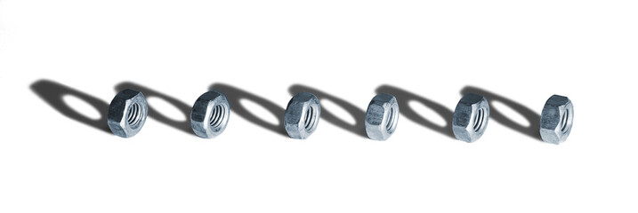 Six female screws with shadow on white background, isolated, closeup