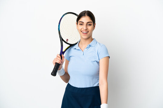 Young Caucasian Woman Isolated On White Background Playing Tennis