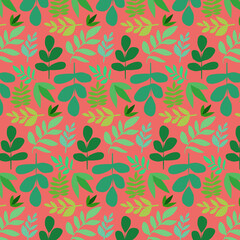 Colorful seamless pattern of leaves in pastel colors. Vector illustration. Illustration in doodle style. Texture for printing on textiles and printing, for interior decoration.