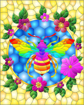 Illustration in the style of a stained glass window with a bee in a circle on a background of honeycombs and bright flowers, rectangular image