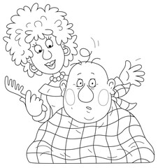 Merry hairdresser and a funny puzzled client after haircut in a hairdressing salon, black and white outline vector cartoon illustration for a coloring book page